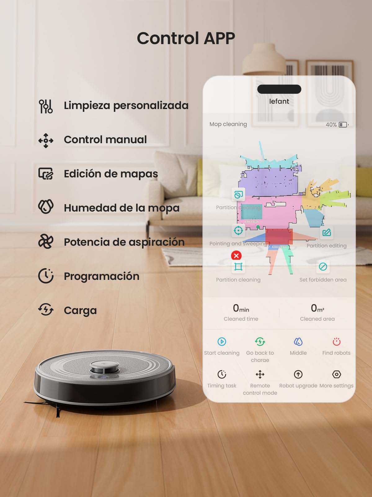 Lefant M2 Robot Aspirador y Fregasuelos 6000Pa, 160min Automático,Navegación Láser, Evitación PSD, Limpieza Personalizada, App/Alexa/WiFi, Ideal para Limpiar Mantas y Pelos Mascotas