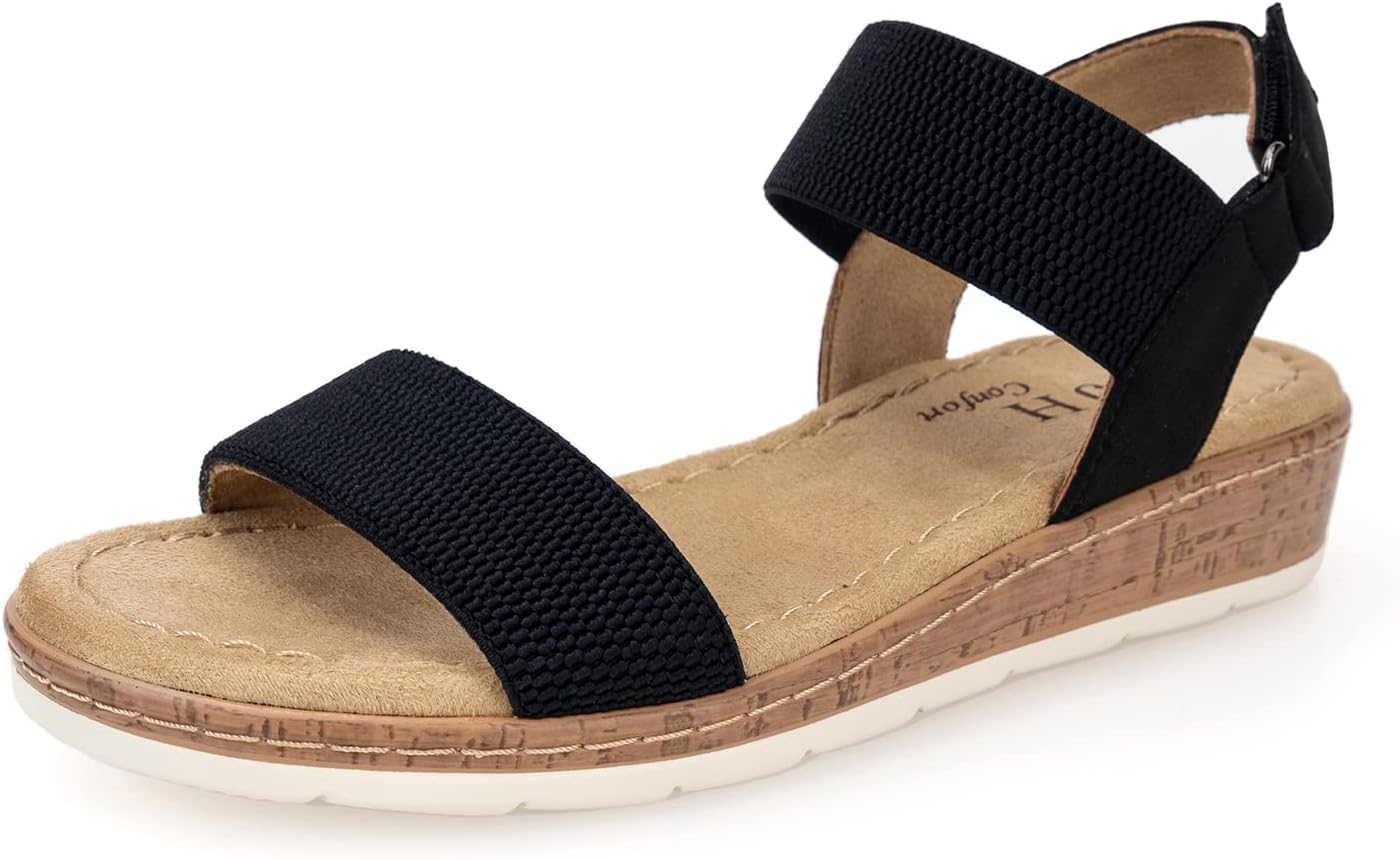 VJH confort Women’s Flat Sandals Open Toe Elastic Ankle Strap Slip on Comfy Low Wedge Sandals