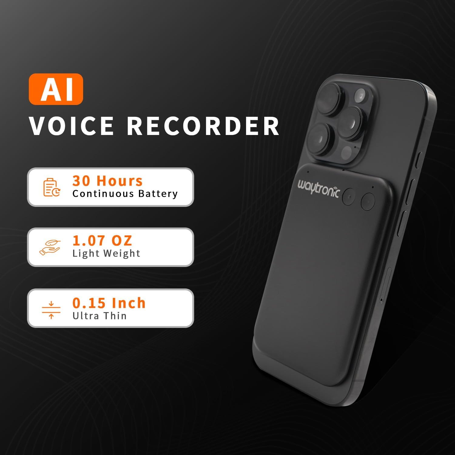 Waytronic AI Voice Recorder, APP Control, Transcribe&Summarize&Translate with AI, Support 108 Languages, Pocket AI Note Taker for Lectures, Meetings, Calls, Only Work with iPhone