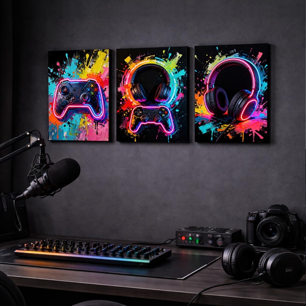 Artiluxy Set of 3 Gaming Canvas Wall Art, 12x16 Inch Neon Style Gamer Prints, Controller and Headset Artwork on Stretched Canvas for Game Room Bedroom Decor