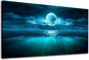 tigeridge Moon Sea Wall Art Moonlit Ocean Wall Decor Blue Seascape Night Sky Canvas Pictures Bright Moon Light Sea Nature Landscape Painting Print for Living Room Bedroom Wall Decoration 50X100CM