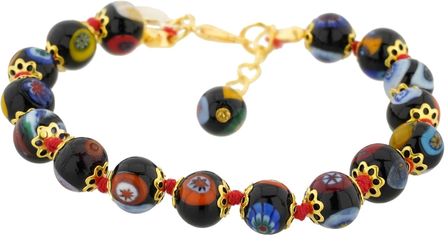 Glass Of Venice Murano Glass Bracelet Italian Millefiori Black Mosaic Beads Handmade Blown Glass - Murano Glass Bracelets for Women
