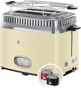 Russell Hobbs Tostapane Retro 2 Fette, Toast e Panini Farciti, 1300 W, Funzione Lift & Look, Riscalda e Scongela, Design Crema – 21682-56