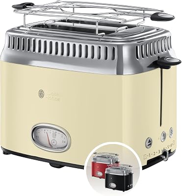 Russell Hobbs Tostapane Retro 2 Fette, Toast e Panini Farciti, 1300 W, Funzione Lift & Look, Riscalda e Scongela, Design Crema – 21682-56