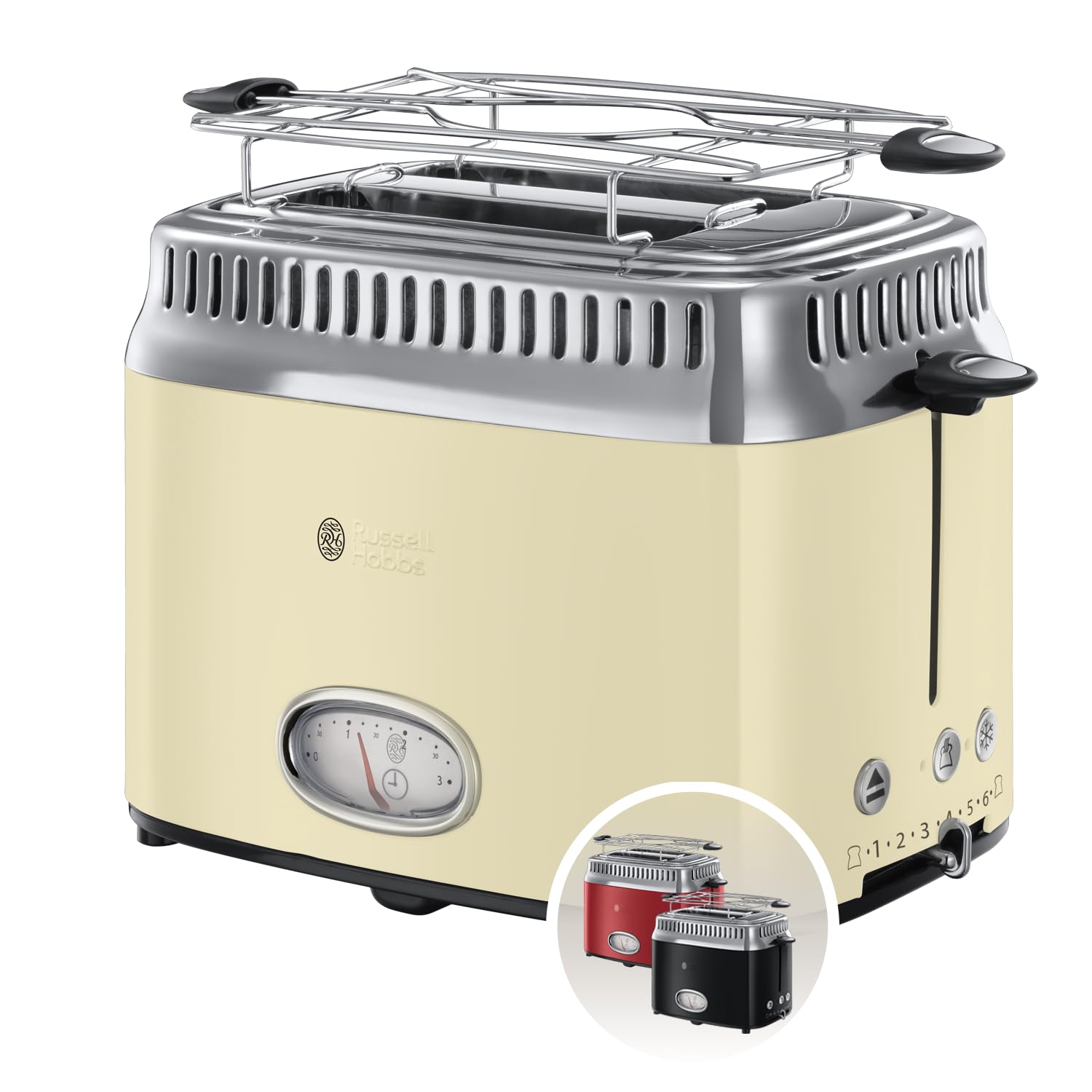 Russell Hobbs Toaster [für 2 Scheiben] Retro Edelstahl Creme (Countdown-Anzeige im Retrodesign, inkl. Brötchenaufsatz, 6 Bräunungsstufen + Auftau- & Aufwärmfunktion, 1300W) Vintage 21682-56