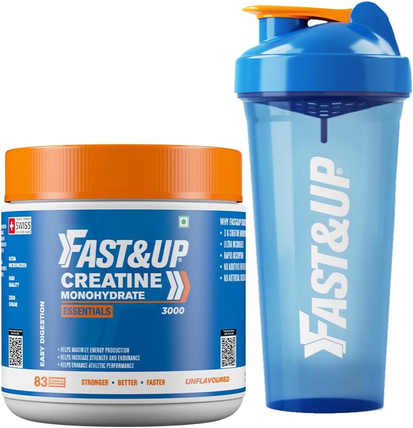 Fast&Up Creatine Monohydrate WITH FREE SHAKER (Pack of 250 gms Powder, 83 Servings), Helps Sustain Longer Workout, Muscle Repair & Recovery - Unflavored