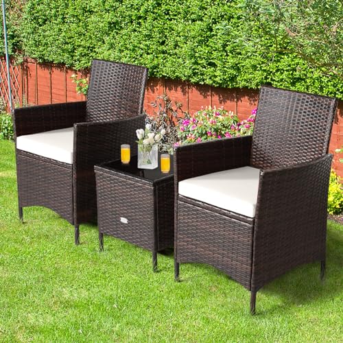 HAPPYGRILL 3 Pieces Rattan Patio Bistro Set, PE Wicker Furniture Set Outdoor Conversation Set with Coffee Table & Soft Cushions Porch Furniture Set for Garden Lawn Poolside Backyard - Image 2