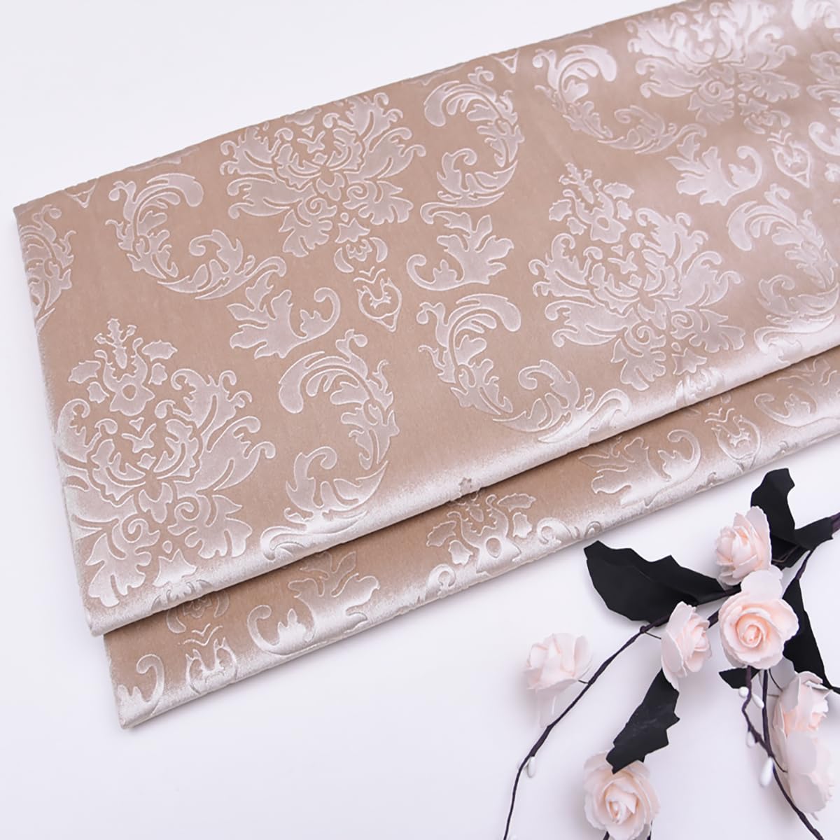 Brocade Embossed Velvet Fabric Floral Pattern Fabric for Pillows Cushions Clothing Drapes Sewing Crafts by The Meter(Color:3 tan)