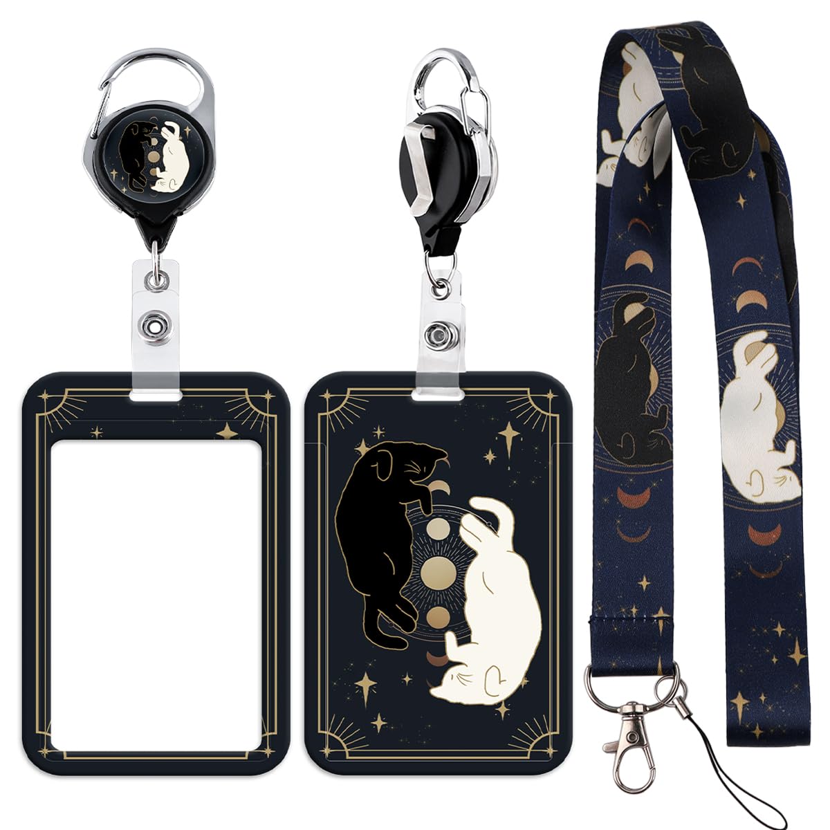 BKBKAAK Cat Lanyard for Id Badge Holder, Cute Retractable Lanyards with Name Tag Clips,Cat and Moon Phases Keychain for Women Teachers Nurses