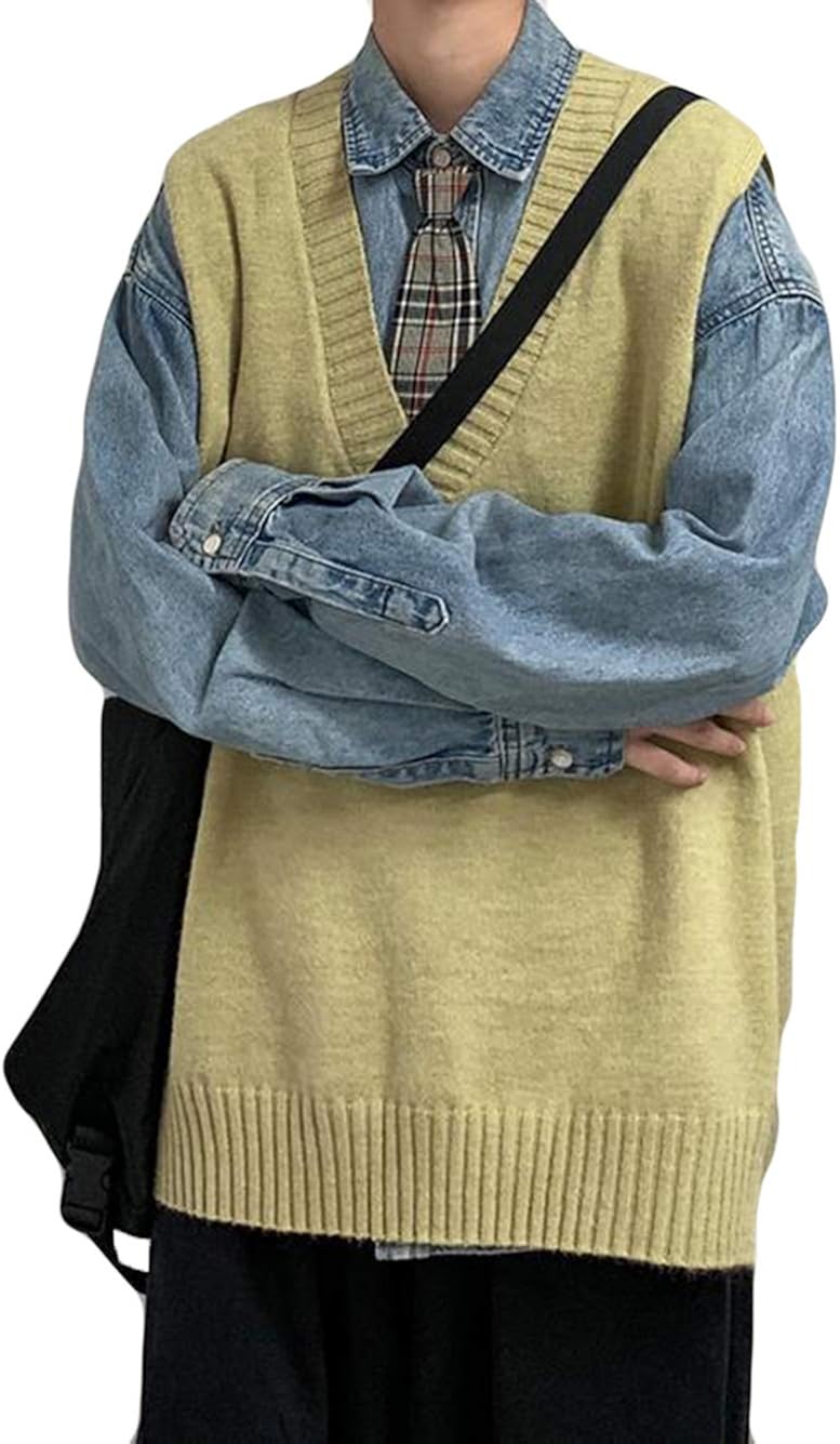 Aozuoベスト メンズ ゆったり おしゃれ ニット ベスト アウター 袖なし 韓国風 無地ｖネック トップス プルオーバー 黒ベスト リブニット 原宿風 ｂｆ風秋 冬