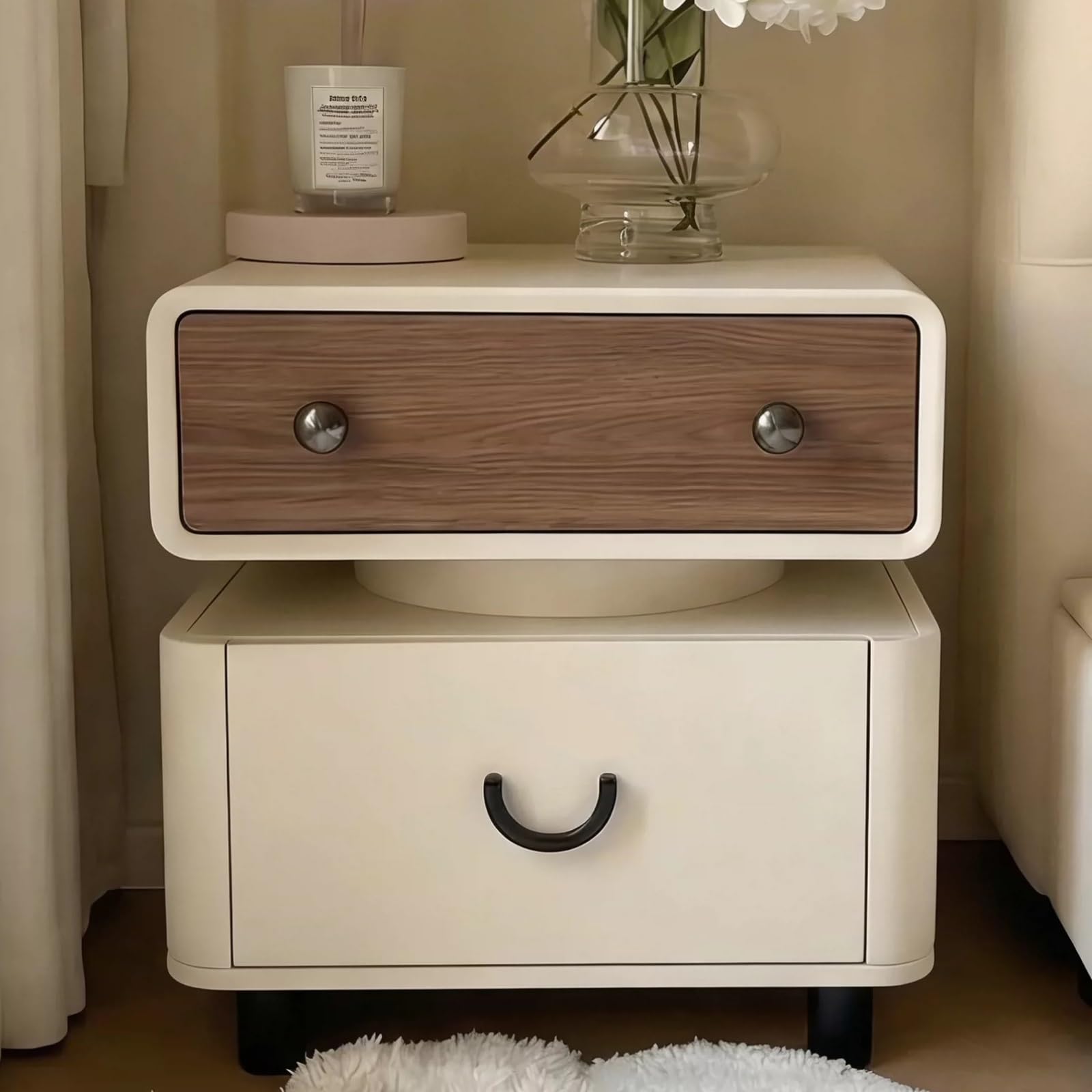 SXZenSpace Modern Nightstand, Double Drawer Storage with Movable Casters, Solid Wood Bedside Table for Bedroom(45x40x50cm)
