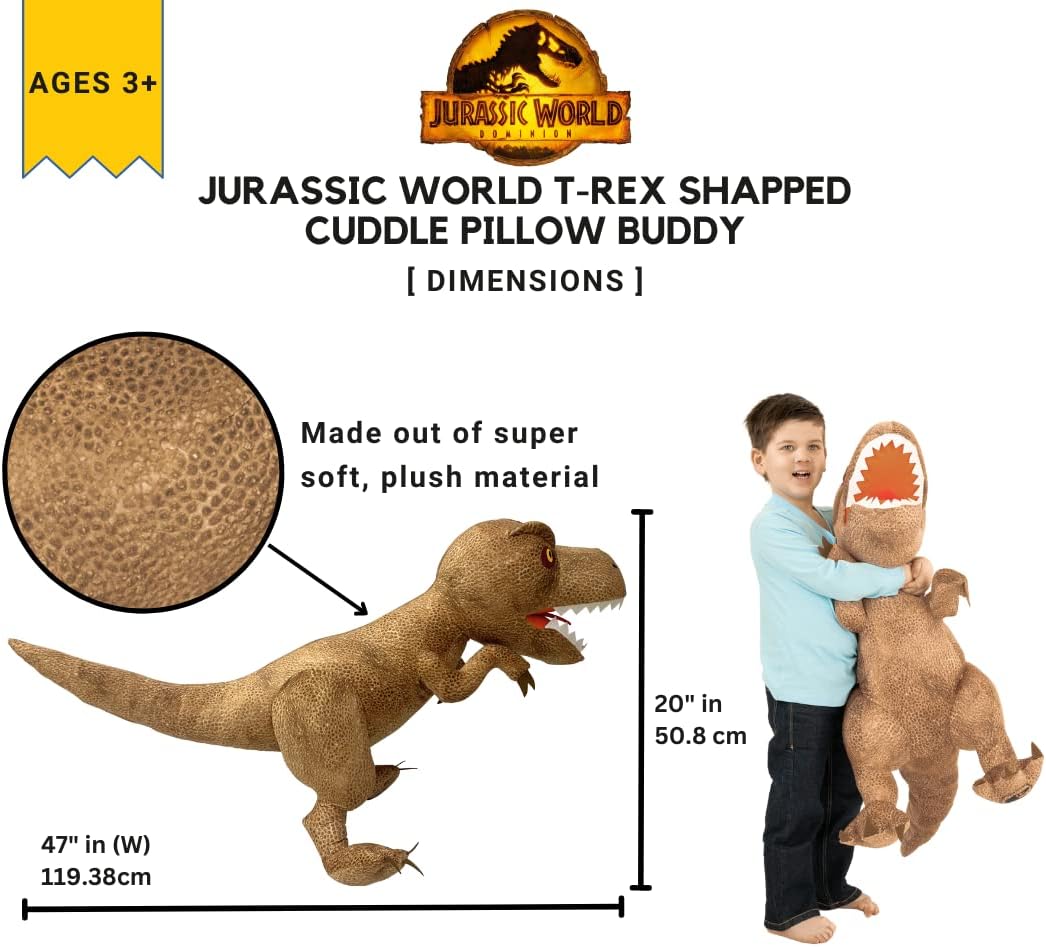 Jurassic World Dominion Kids Oversized Rexy Large Size 32 Inches Tall T-Rex Bedding Super Soft Plush Cuddle Pillow Buddy, By Franco