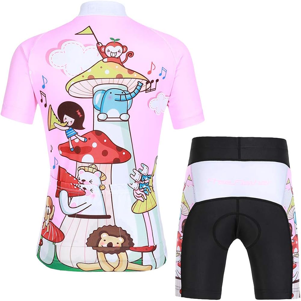 FREE FISHER Cycling Jersey Kids, Big Girls Cycling Jersey Set Short Sleeve with 3D Padded Shorts