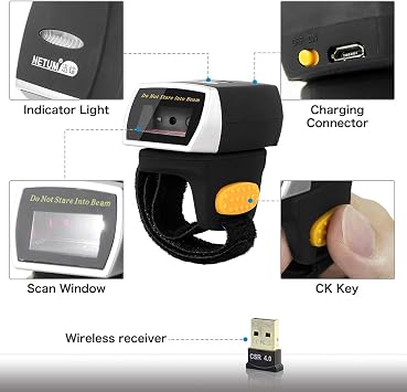 NETUM Bluetooth Barcode Scanner 1D 2D QR Ring Mini Bar Code Reader 2.4G Wireless Wearable Scanner Gun Compatible for Windows, Mac OS, Android 4.0+, iOS,Support Scan PDF417 DataMatrix