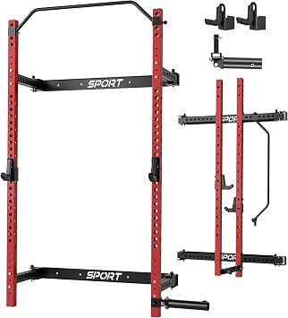 Garvee Folding Squat Rack for Home Gym, 2.36 in x 2.36 in Wall Mounted Foldable Squat Rack with Pull Up Bar, J Hooks and Landmine Attachments, 1000 LBS Capacity Space Saving Weight Power Cage