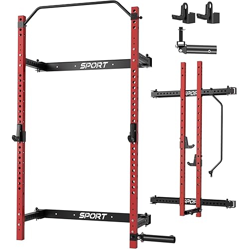 Garvee Folding Squat Rack for Home Gym, 2.36 in x 2.36 in Wall Mounted Foldable Squat Rack with Pull Up Bar, J Hooks and Landmine Attachments, 1000 LBS Capacity Space Saving Weight Power Cage