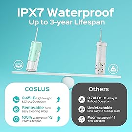 COSLUS Mini Water Flosser for Travel: Portable Lightweight Design Cordless Oral Irrigator with Removable Tank & 4 Modes, IPX7 Waterproof for Braces, Sensitive Teeth Travelers & Family Use, Green, T40