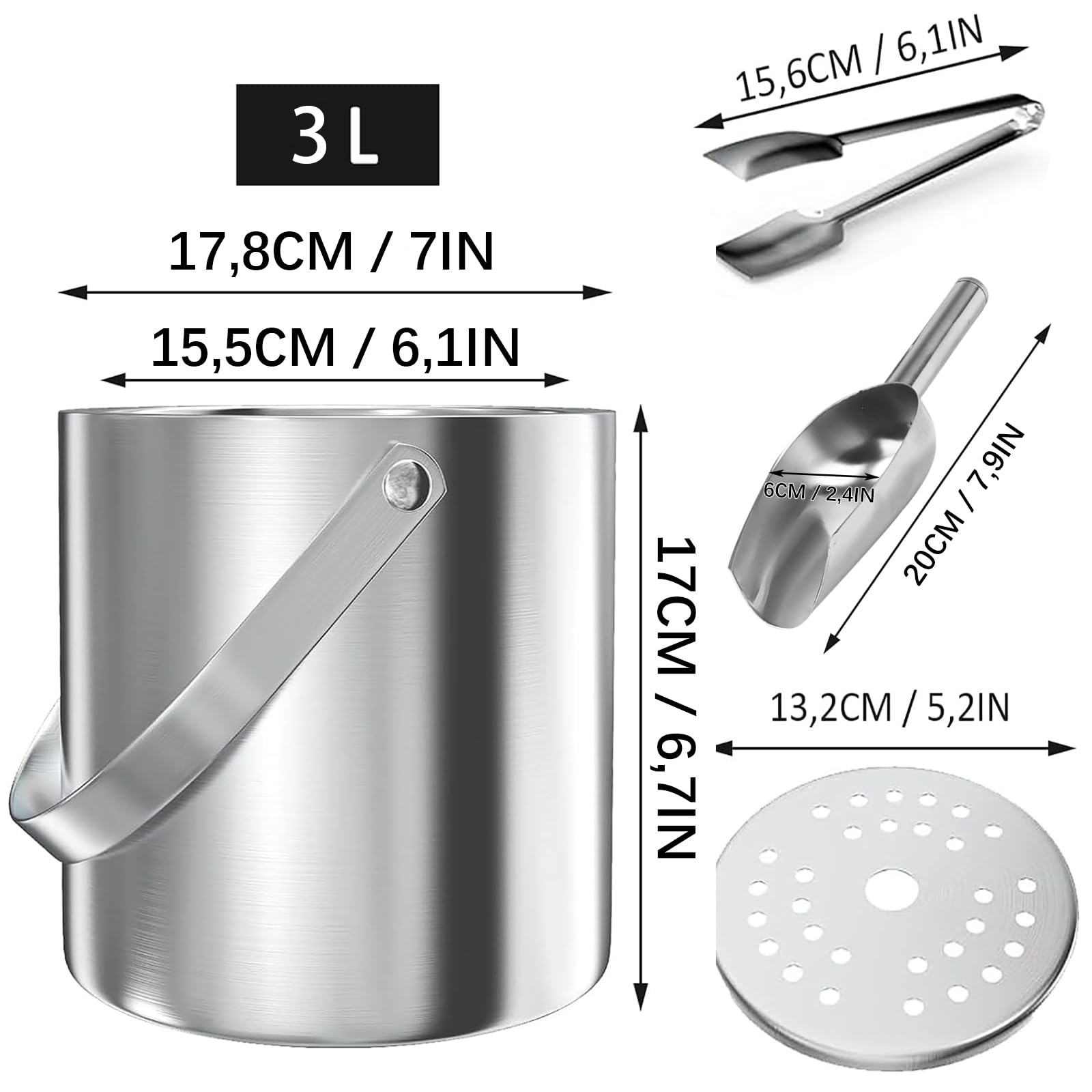 Secchiello Ghiaccio, Secchiello per ghiaccio Rotondo con Pinze per Ghiaccio, Contenitore per Cubetti di Ghiaccio da 3 Litri, Secchiello per Ghiaccio a Doppia Parete Isolato in Acciaio Inox con Paletta
