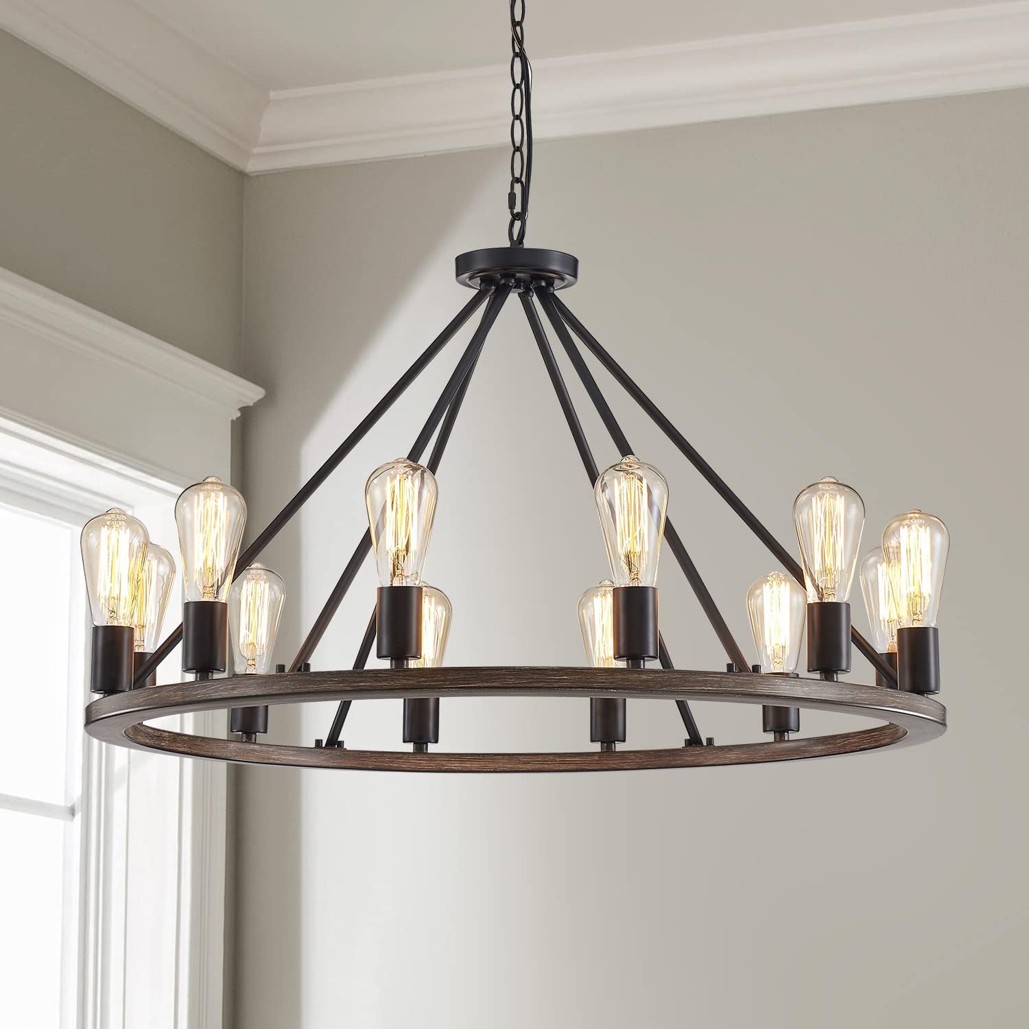 Saint Mossi Antique Painted Metal Chandelier Lighting with 12 Lights,Rustic Vintage Farmhouse Pendant Lighting Wagon Wheel Chandelier,Faux Oka Wood Texture with Black, H20 x D32