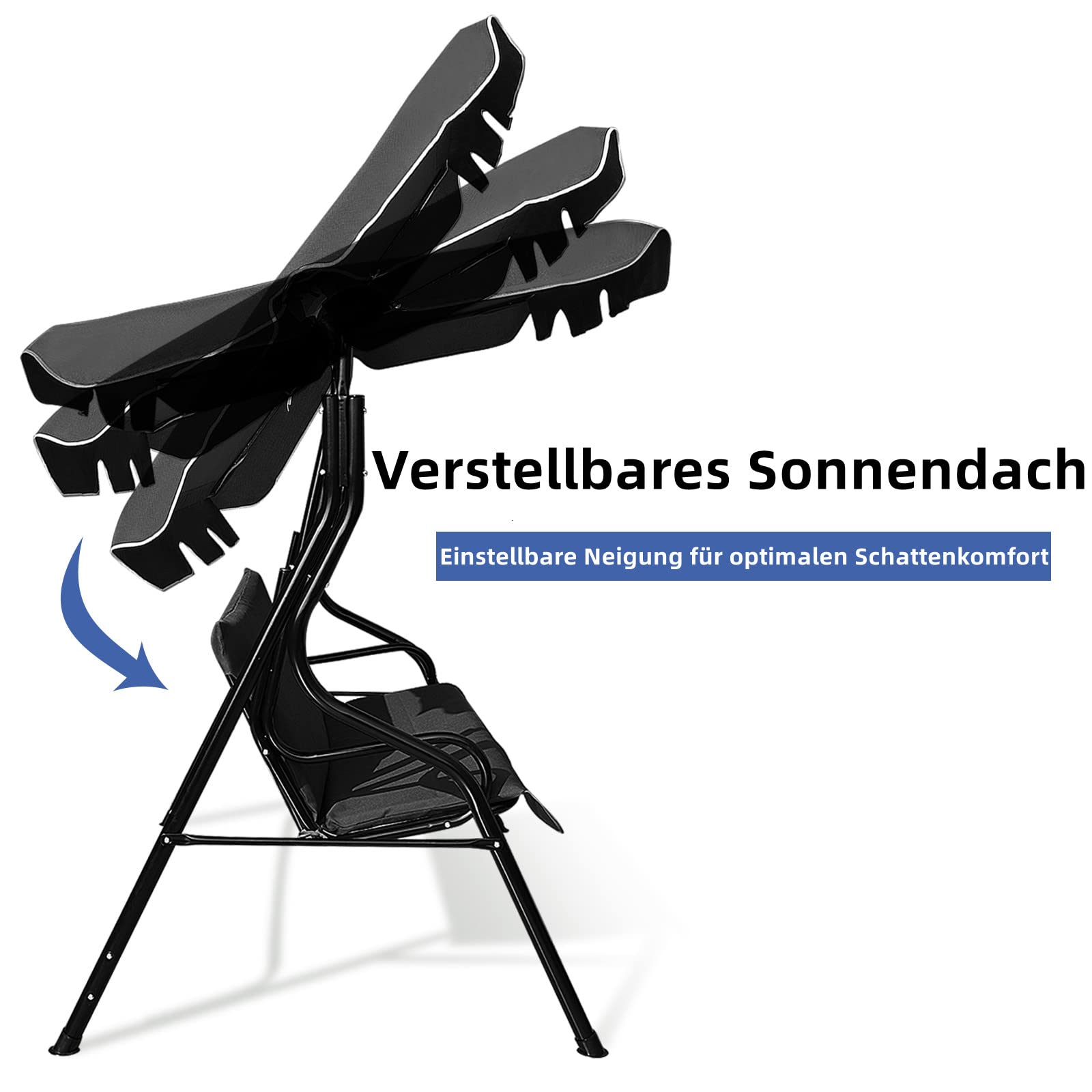 GYMAX Hollywoodschaukel 3-Sitzer Gartenschaukel mit verstellbarem Dach Schaukelbank 172 x 110 x 154 cm (Schwarz)