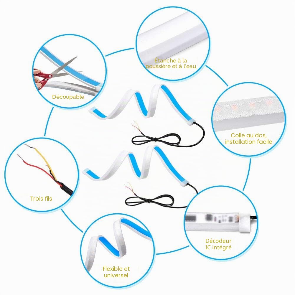 bande led voiture exterieur, Qiilu 60 cm LED lumière de jour, lampe décorative double couleur ultra mince voiture tube souple LED bande lumière de jour lumière de clignotant lampe