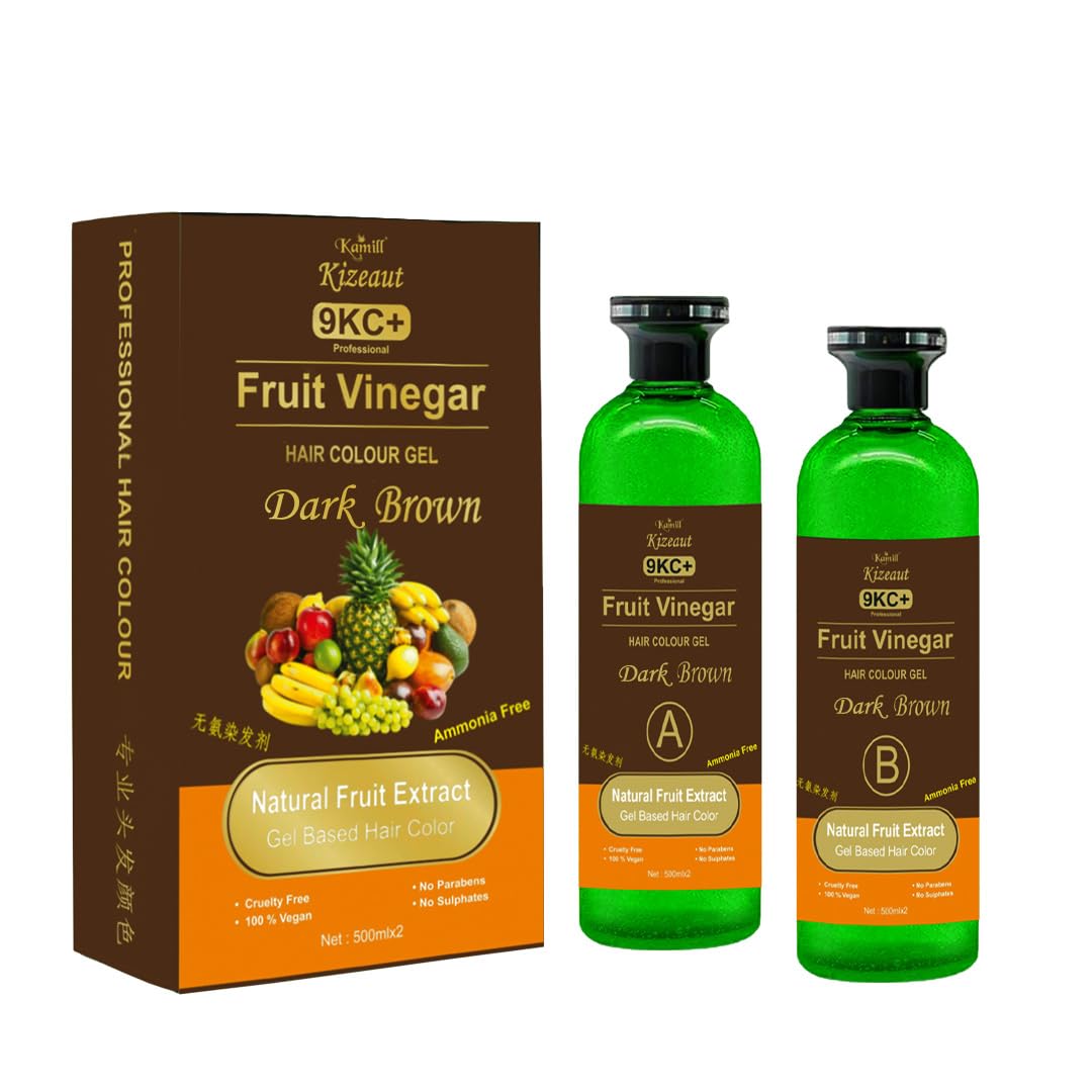 Kamll Kizeaut Fruit Vinegar Dark Brown Hair Color Gel 1000 ml | Stain Free Gel-Based Hair Color With Non Drip Formula | No Ammonia | Cover Greys | Long Lasting Brown Shade for Men & Women (500 ml x 2)-image-17
