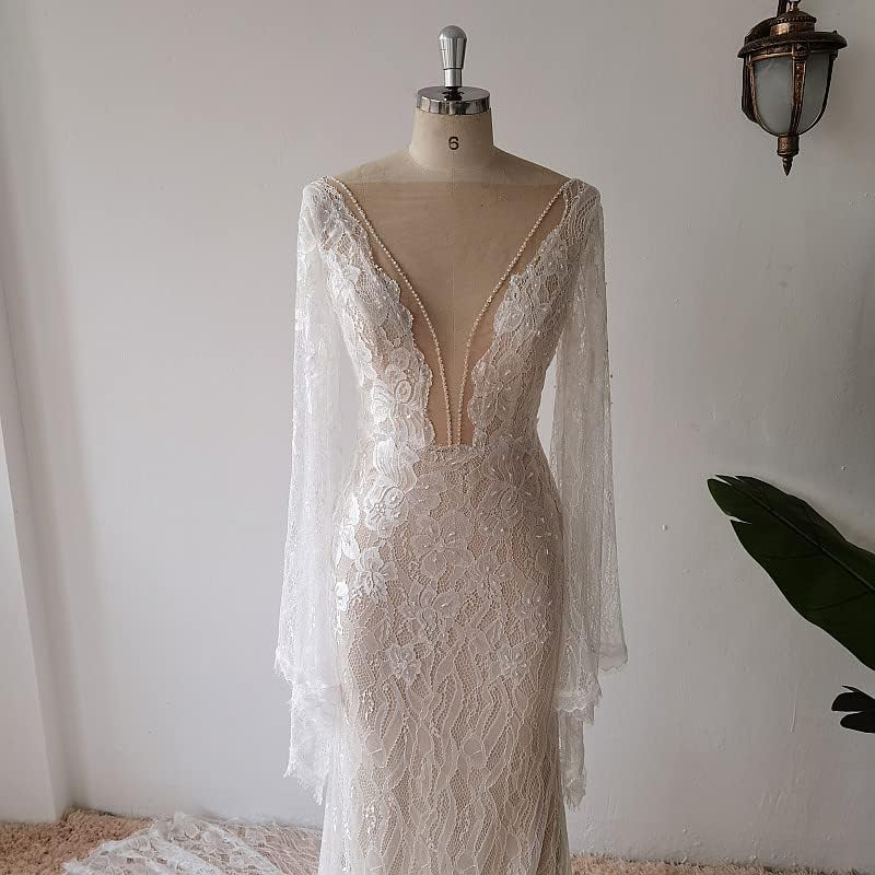 Luxury Lace Flare Sleeves Mermaid Wedding Dress Boho Beach Sexy Deep V Open Back Bridal Gowns - Image 3