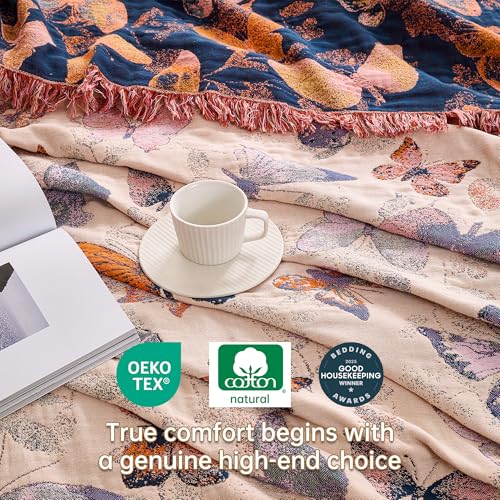 Image of VANJOROY Boho Throw Blanket, 100% Organic Cotton Breathable Ultra Soft 60 inch x 80 inch Bed Quilt Throw - All Season Floral Rustic Farmhouse Decor Luxury Reversible Blanket for Sofa Couch Chair and Gift