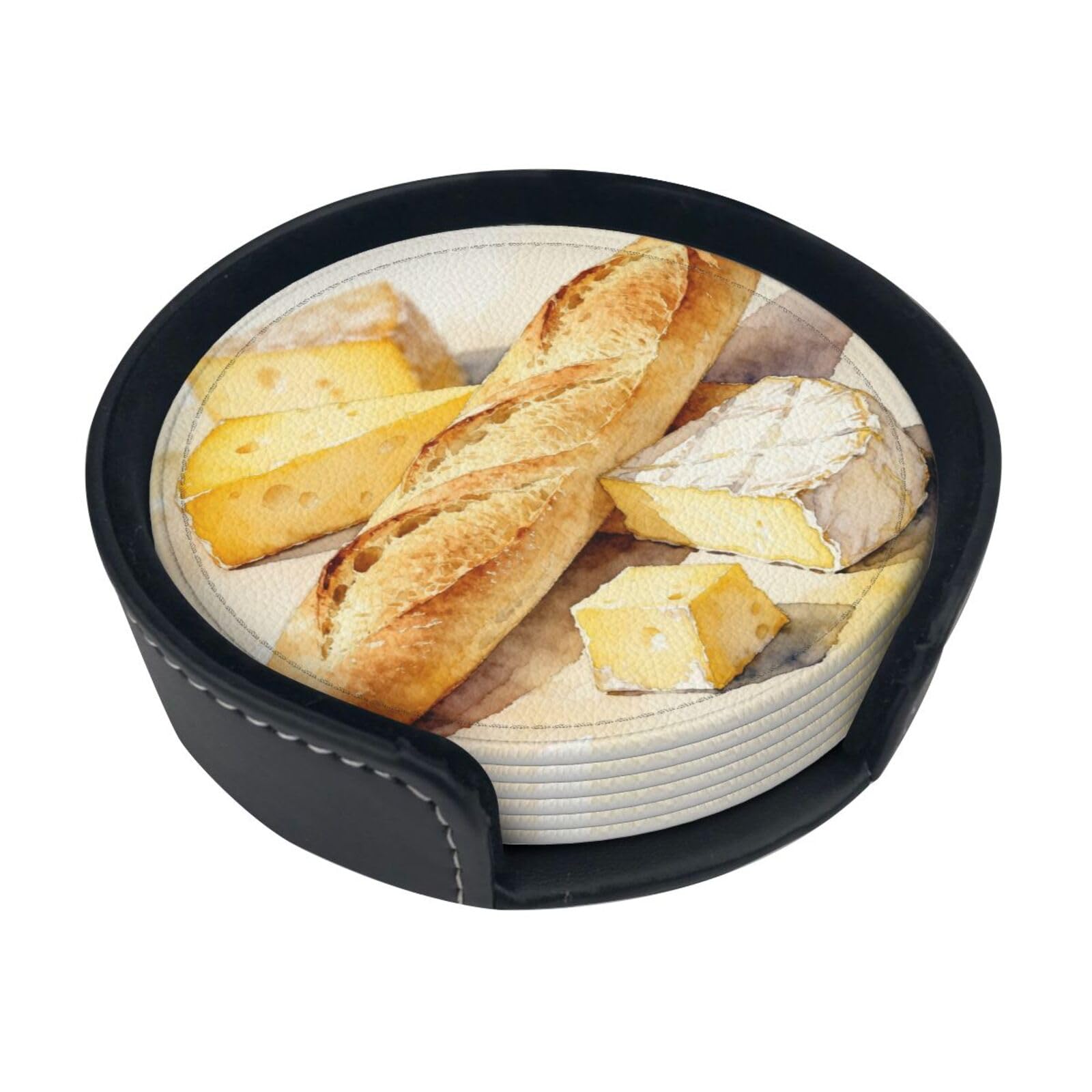 Cntdbu White Baguette Cheese Set Leather Coasters Set Of 6-Pu Leather Drink Mats For Table, Heat Resistant Round Coasters With Holder