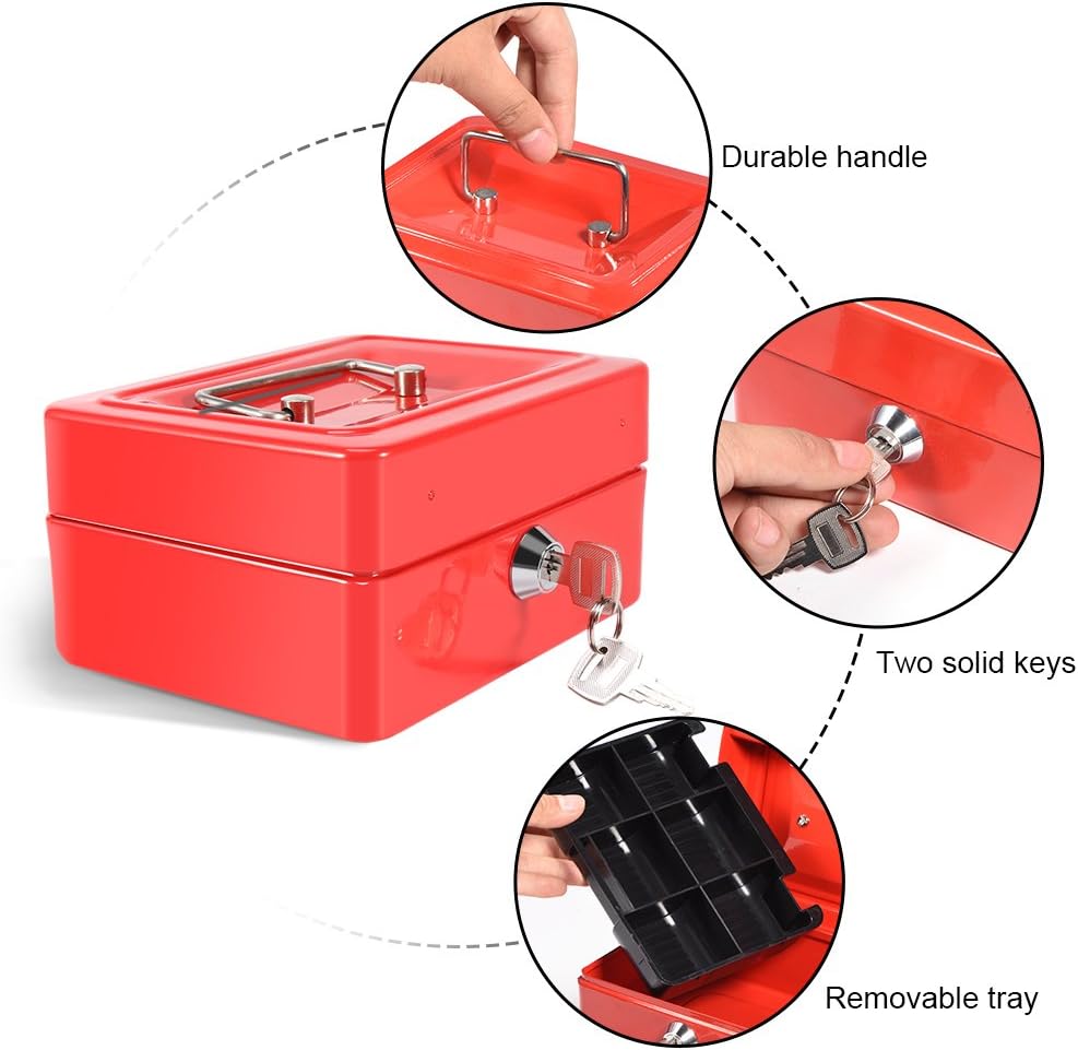 Mini Cash Box with Key Lock,6Inch Portable Petty Layered Partition Banknote Classification Lockable Money Security Tin Box with 2 Keys for Household Office Shop(Red)