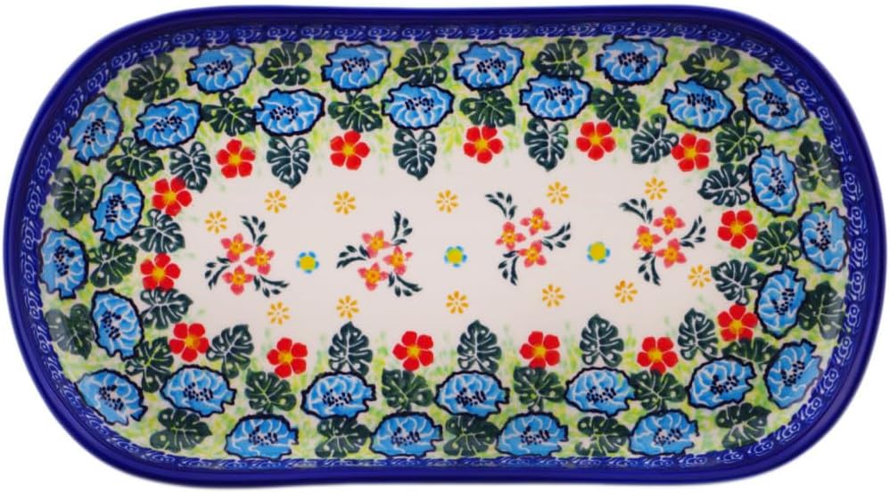 Polmedia Polish Pottery Oval Platter 11-inch UNIKAT - Monstera Blooms Pattern Handmade in Boleslawiec Poland by Ceramika Dalia + Certificate of Authenticity