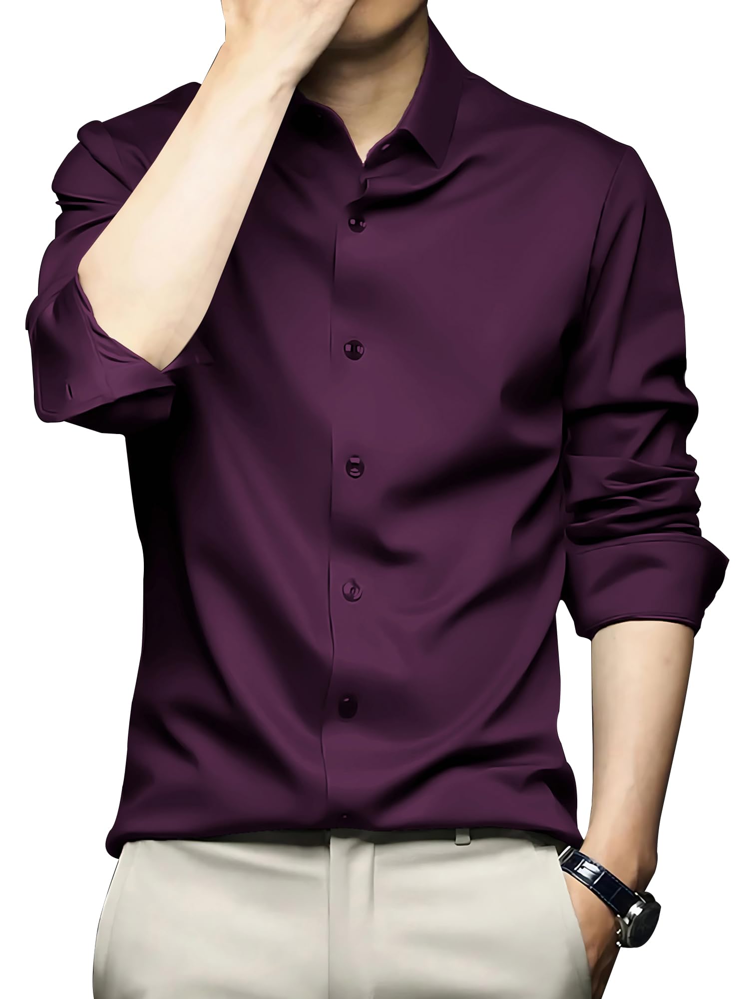 Libas Men's Satin Regular Fit Formal Full Sleeve Solid Wine Shirt for Office, Party Premium Poly Satin Silk with Collar for Men â€“ Size S in wine