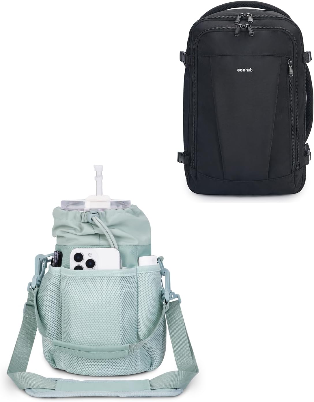 ECOHUB Water Bottle Holder & Travel Backpack - Stanley Cup 40oz Tumbler Carrier with Strap and 18x14x8 Spirit Airlines Approved Personal Item Backpack, Multi-Pocket, USB Charging Port, Lightweight