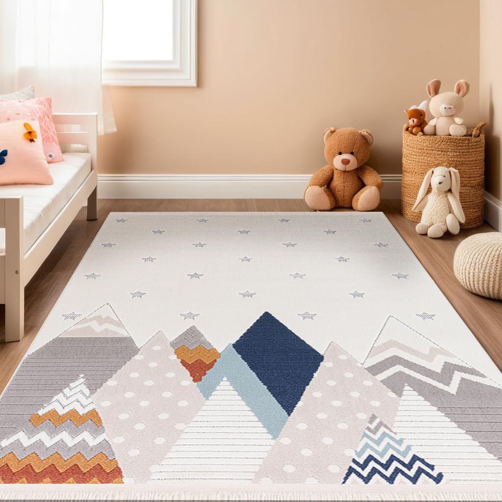 RUGURA Alfombra Infantil Habitación Niña Niño Dormitorio Montañas Nubes Estrellas Arcoiris Animales 120x170cm Gris Azul Crema Beige