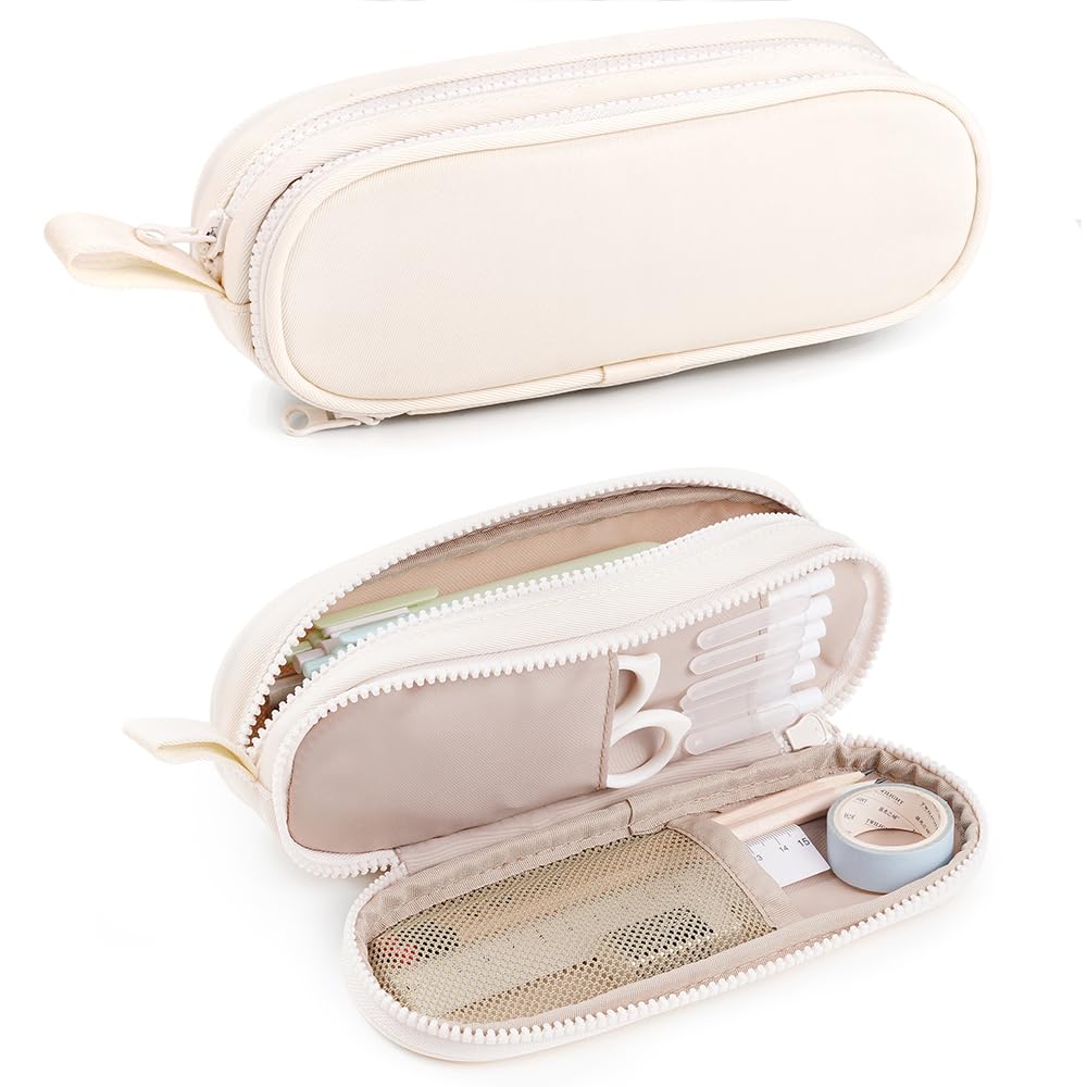 Large Capacity Cream Pen Pouch – Multi-Slot Pencil Case With Zipper, Office & School Stationery Organizer