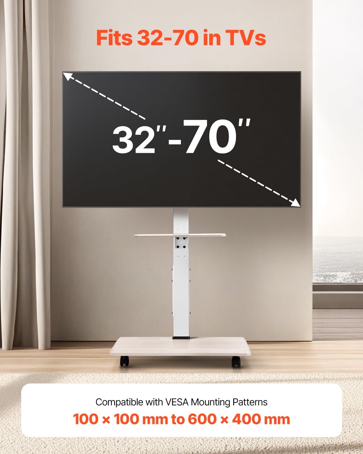 VEVOR rollbarer TV-Ständer Fernsehständer für 812,8-1778 mm TVs bis zu 40 kg, 25° Links-Rechts-Drehung & höhenverstellbare TV-Halterung mit Ablage für Schlafzimmer Wohnzimmer (max. 600 x 400 mm)
