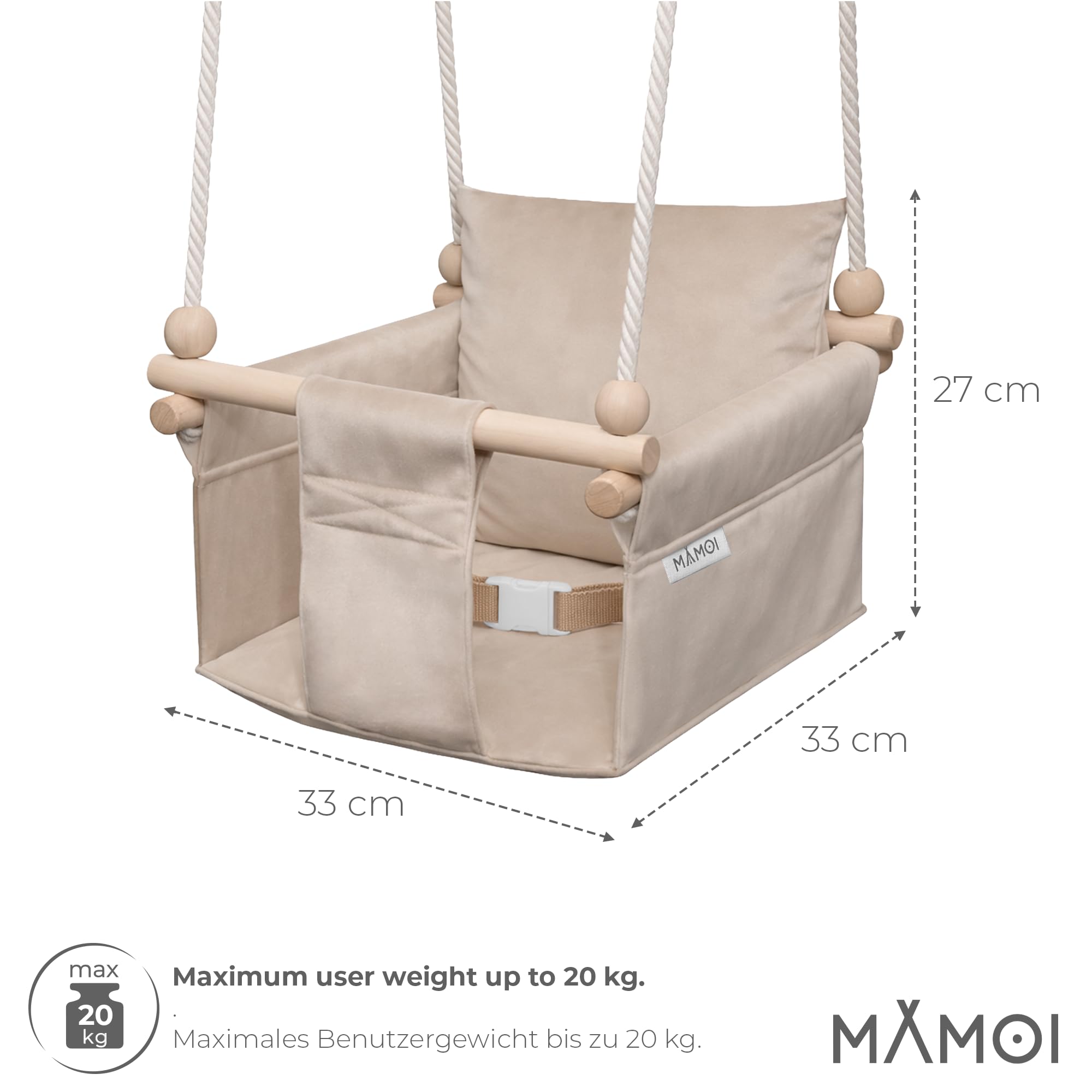 MAMOI Kinderschaukel mit Sicherheitsgurt, höhenverstellbar 150–190 cm, Schaukel für den Innenbereich, stabile Konstruktion, Velours-Sitz, einfache Montage, Innenschaukel für Kinder