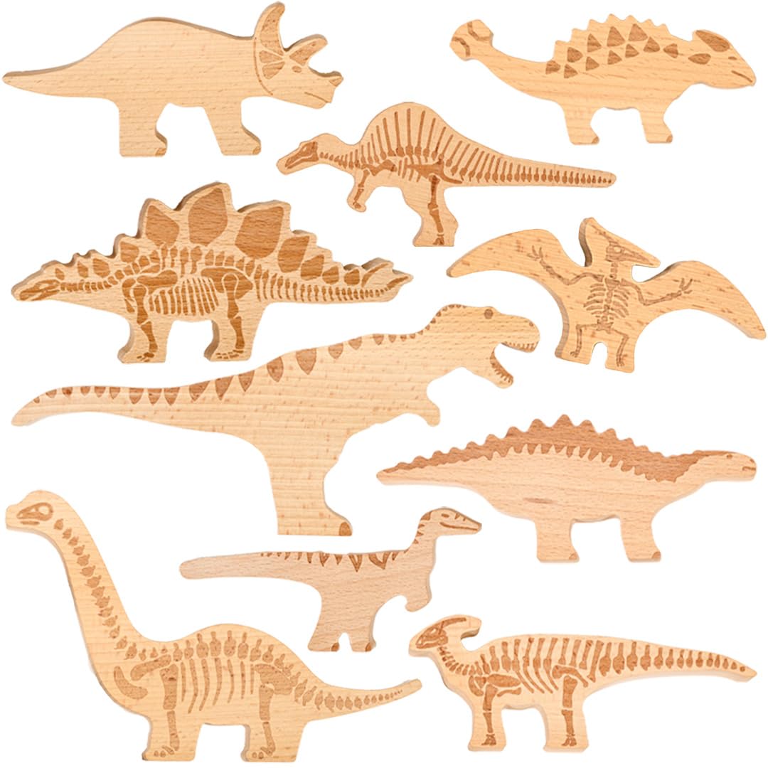TickiT Wooden Dinosaur Blocks | Set of 10 | Ages 10m+ | Open Ended Pretend Play Toy for Babies and Toddlers | Encourage Imagination
