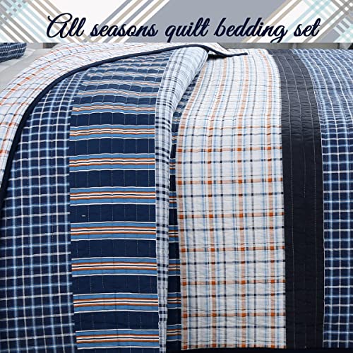 Cozy Line Home Fashions Bennett Quilt Bedding Set, Nautical Navy Orange Grid Striped 100% Cotton Reversible Coverlet Bedspread for Boy (Navy Orange, Twin - 2 Piece) - Image 7