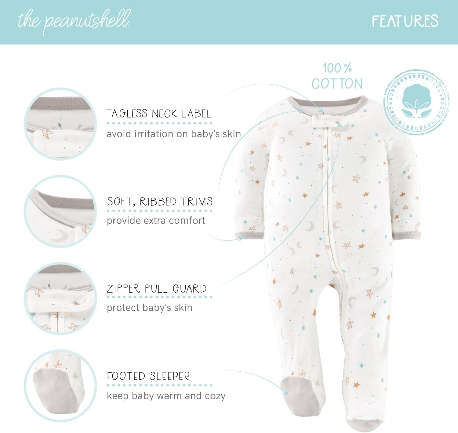 The Peanutshell Baby Sleepers for Boys or Girls Set of 3 - Soft Cotton Unisex Footed Pajamas for Newborns - Celestial - Image 2