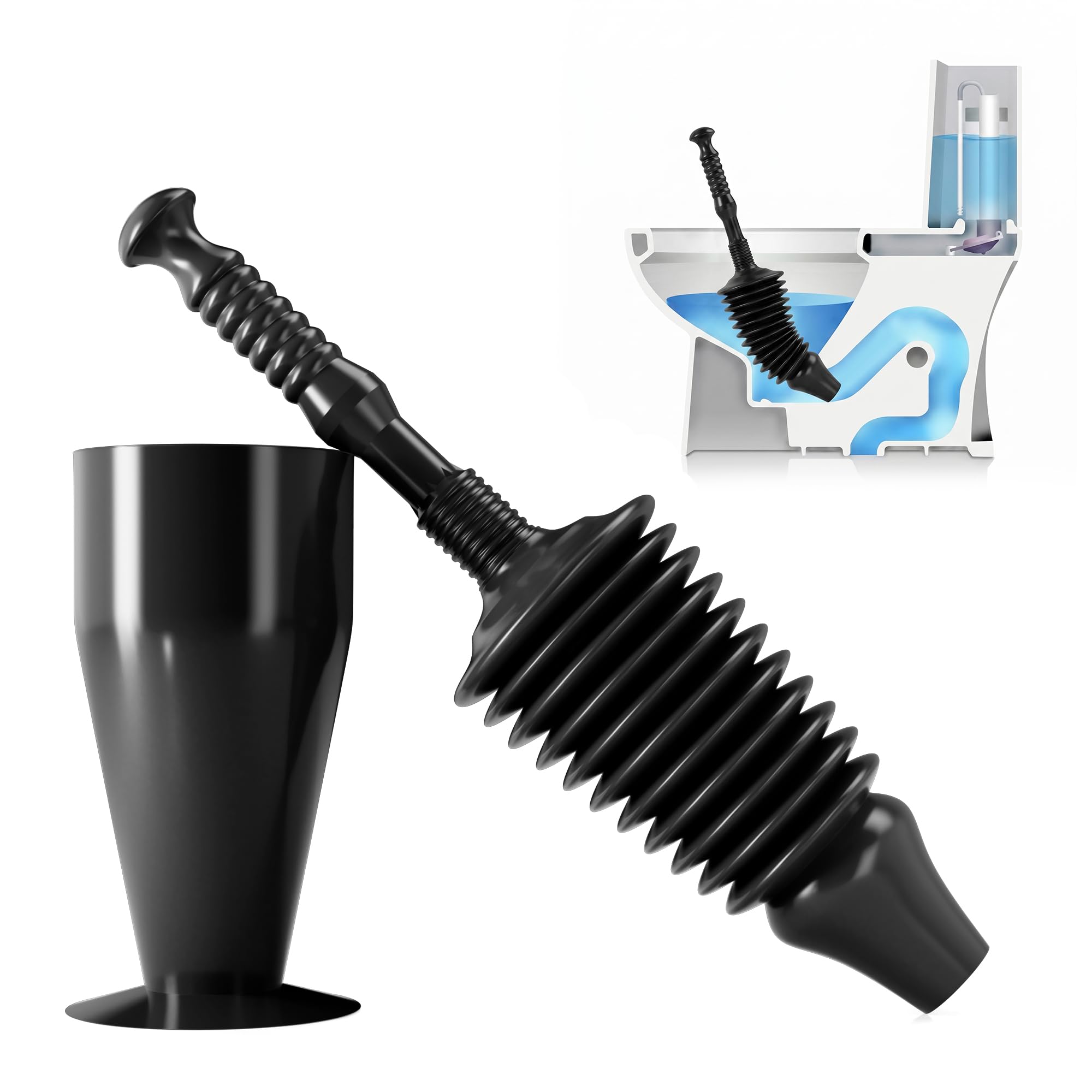 Heavy Duty Toilet Plunger with holder, Plunger Toilet Unblocker Heavy Duty, Flexible Plumbing Suction Tool for Unblocking Toilets of All Types, Clog Remover Tool Kitchens, Sinks, Baths, Black