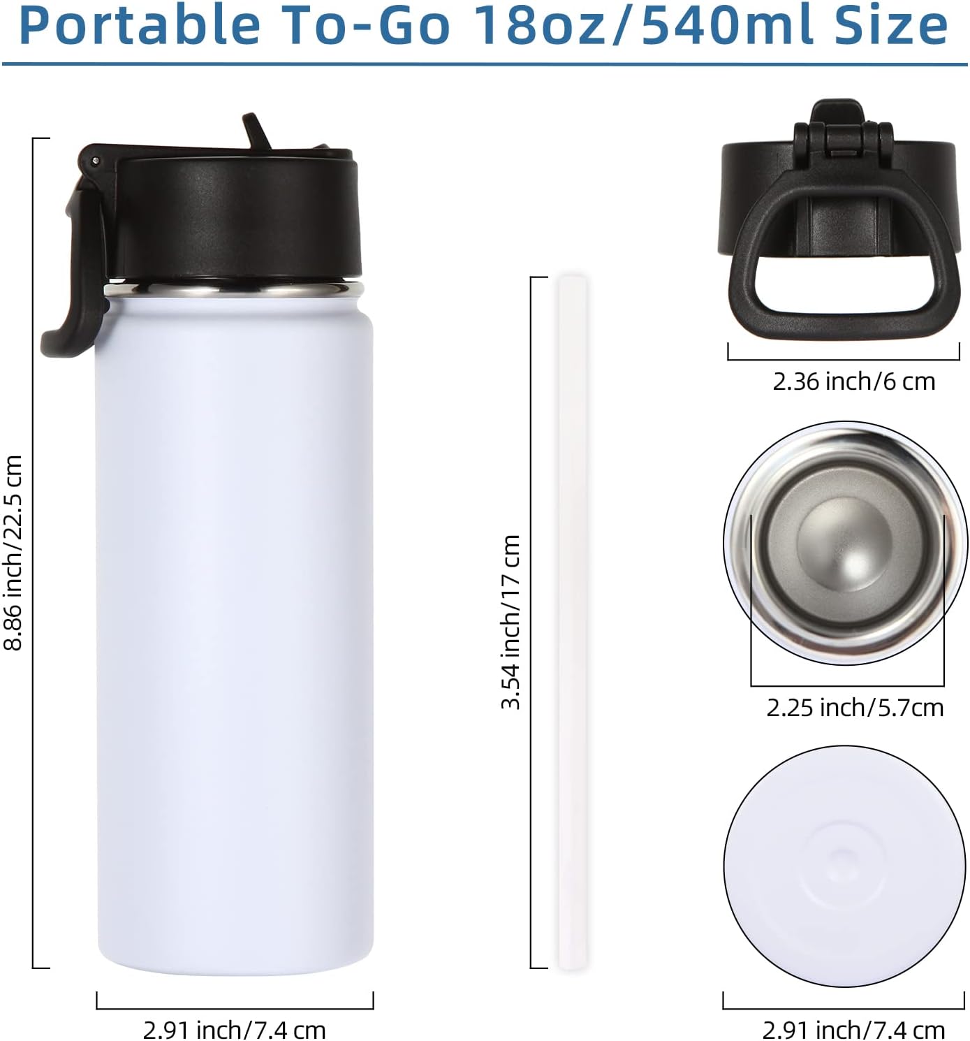 Volhoply 18oz Insulated Water Bottle Bulk 2 Pack,Kids Stainless Steel Water Bottles with Straw Lid,Double Wall Vacuum Metal Bottle,Wide Mouth Reusable Sports Flask for Cold Drink(White,2 Set) - Image 6