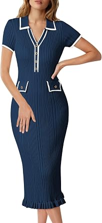 Pink Queen Womens Elegant Bodycon Dress 2026 Short Sleeve V Neck Half Button Cocktail Party Ribbed Knit Long Sweater Dress