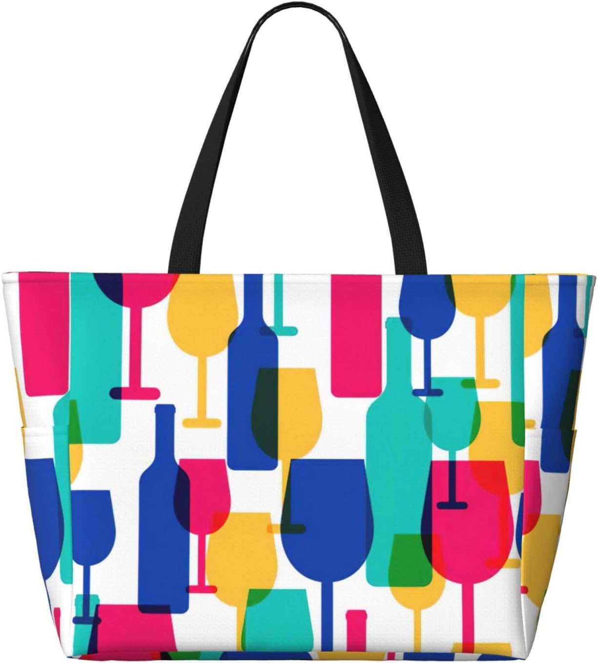 Cocktail Glasses and Wine Bottles Print Large Capacity Beach Travel Bags with Zipper and Pockets for Travel Vacation Fitness