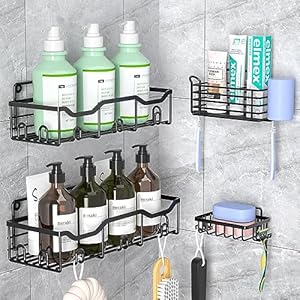 ASTOFLI Shower Caddy 4 pack, Self Adhesive Shower Shelves, Rustproof Large Capacity Bathroom Shower Organizer, Shower Shelf for Inside Shower, No Drilling Shower Rack Shower Storage with 16 Hook