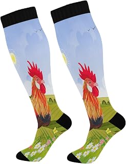 874 Sport Socks Beautiful Rooster Rural Scenery Crew Socks Breathable Calf Socks Funny Dress Crew Socks For Hiking Sports Travel 40cm