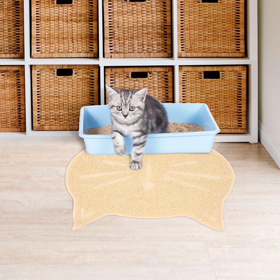 Miniatura 7 de Totority Tapete de arena beige con forma de cara de gato, antideslizante de PVC para gatos, protege los suelos de arañazos y suave con las patas,