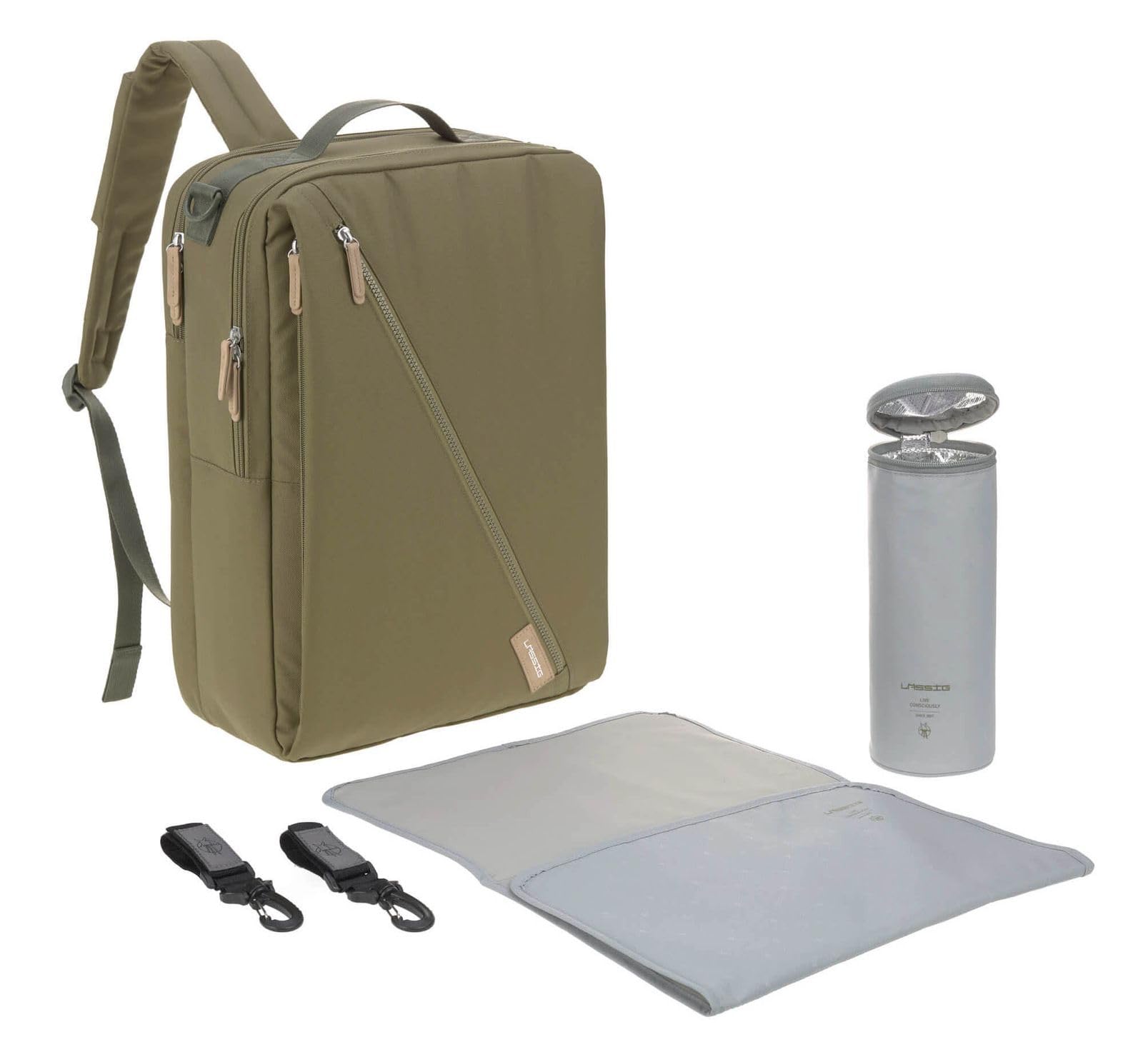 LÄSSIG Baby Wickelrucksack mit Wickelunterlage, Kinderwagenbefestigung, Flaschenwärmer wasserabweisend nachhaltig produziert/Green Label Tidy Talent Backpack olive