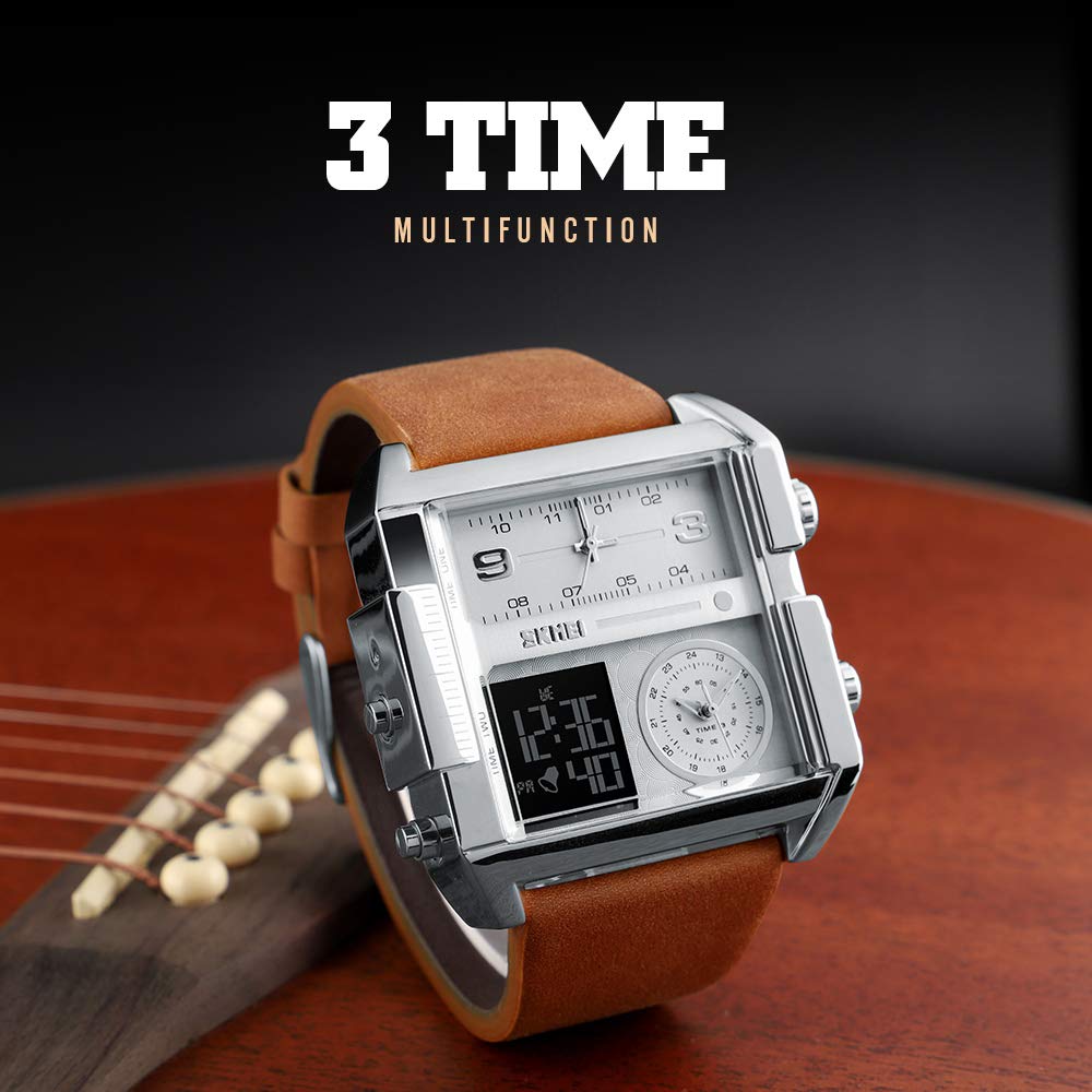 SKMEI Reloj deportivo digital para hombre, LED, cuadrado, esfera grande, analógico, de cuarzo, con cronómetro impermeable multizona horaria, Marrón plateado, Digital