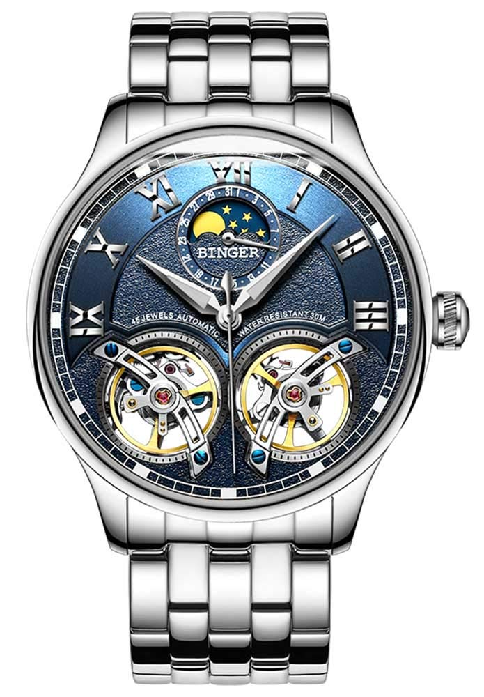 B BINGERMen's Skeleton Watches Automatic Mechanical Watch with Dual Balance Wheels